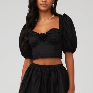 For Love & Lemons Black Puff-Sleeve Corset Crop Top